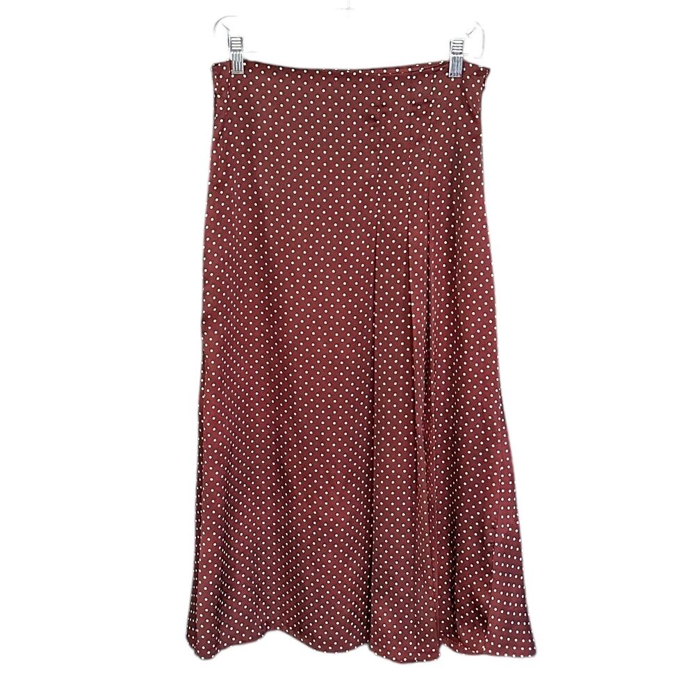 Zara Silky Polka Dot Pleated Flowy Midi Slip Skirt - Burgundy / White - M